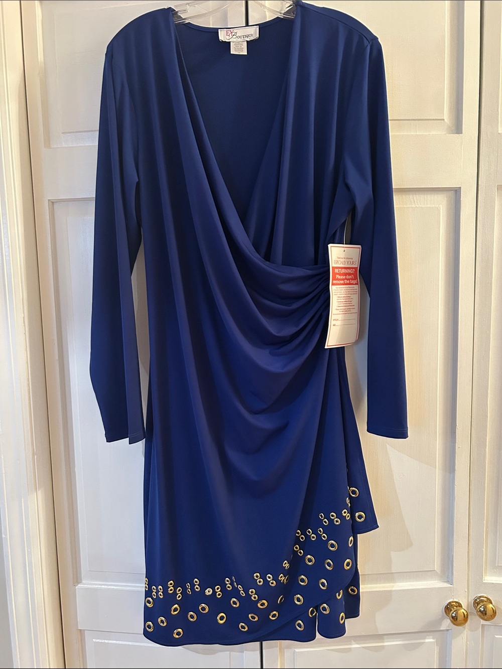 Blue Draped Long-Sleeve Dress with Eyelet Detail